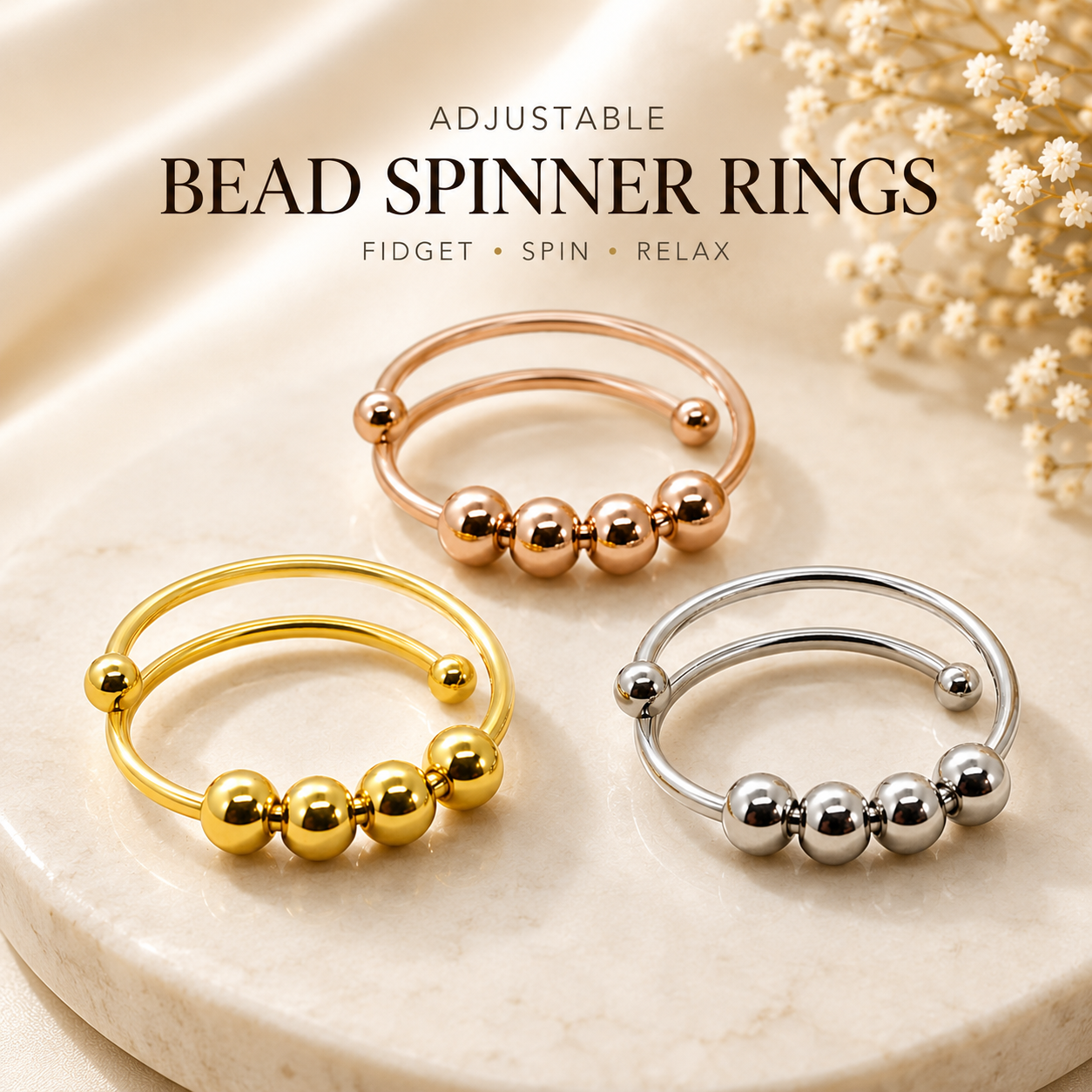 Adjustable Gold/Silver Plated Bead Spinner Ring