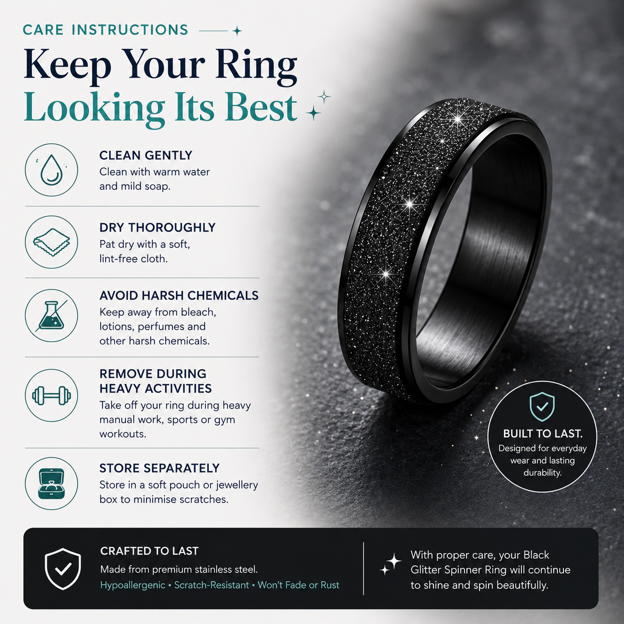Black Glitter Spinner Ring