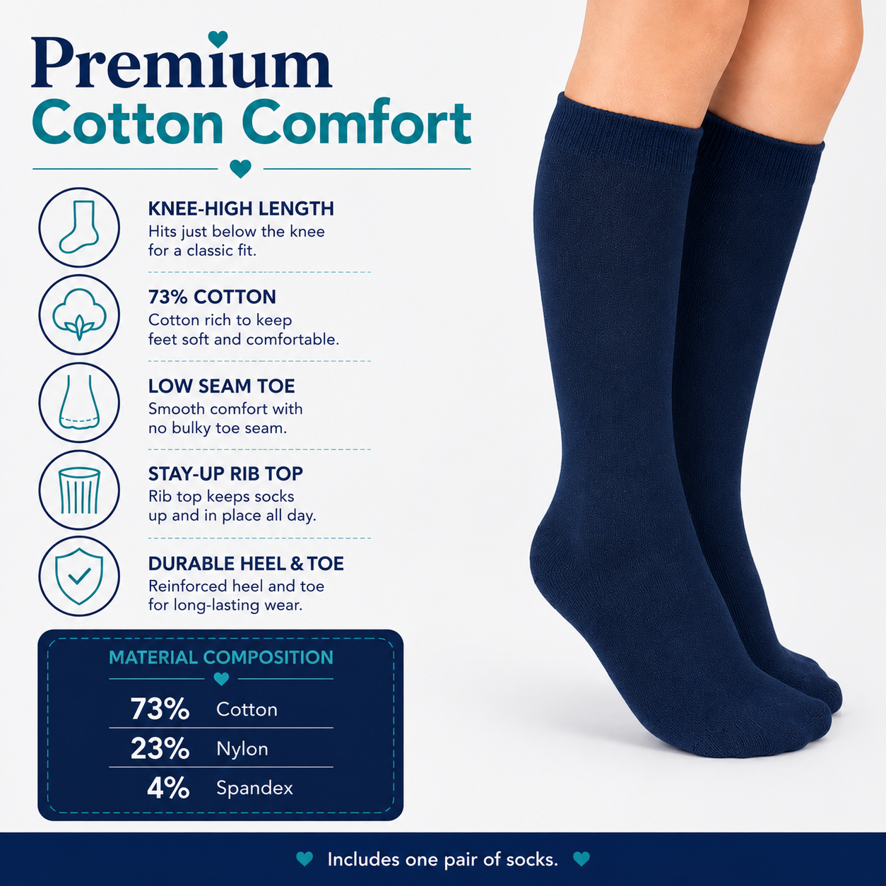 Jefferies Socks Smooth Toe Cotton Knee High Socks - Navy