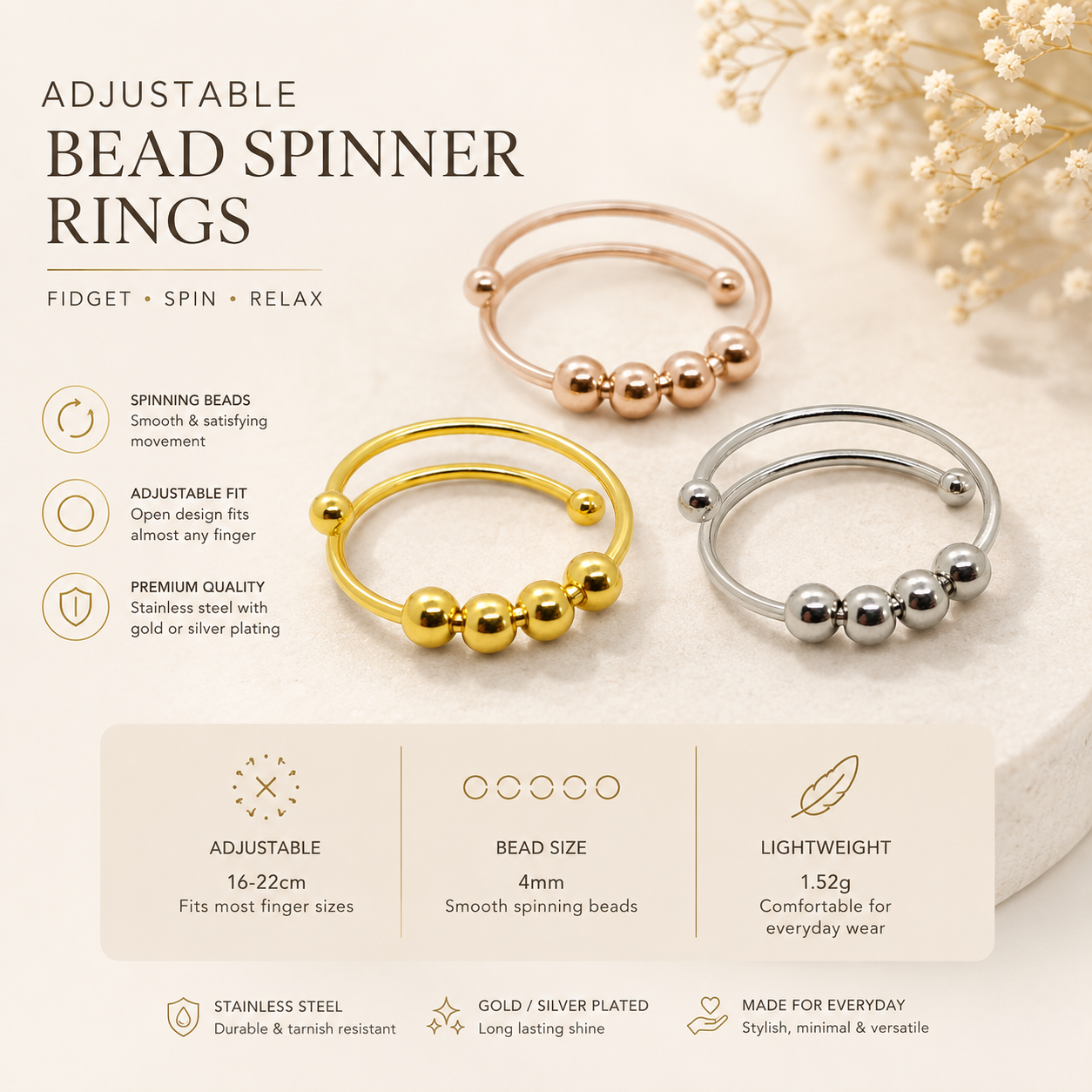Adjustable Gold/Silver Plated Bead Spinner Ring