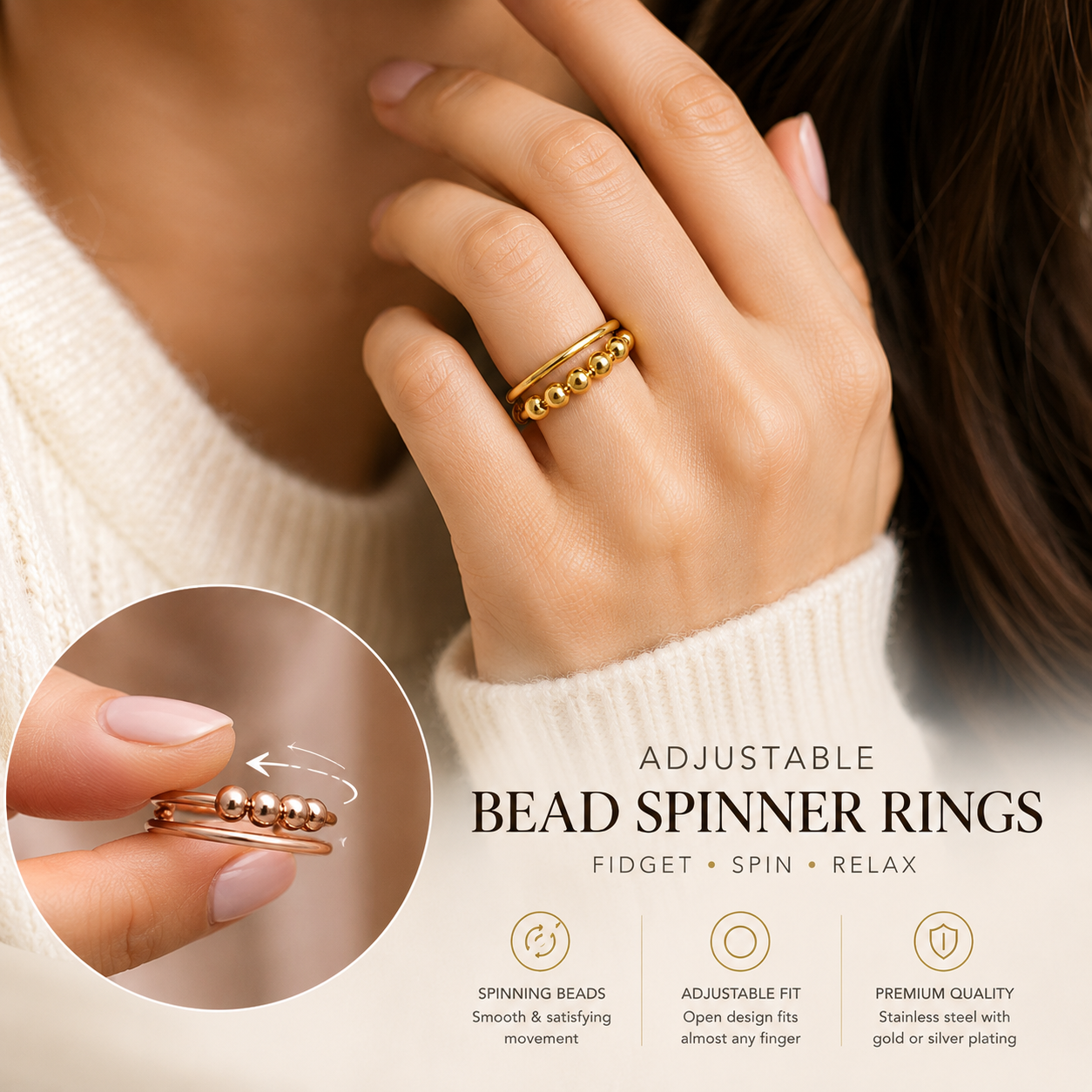 Adjustable Gold/Silver Plated Bead Spinner Ring