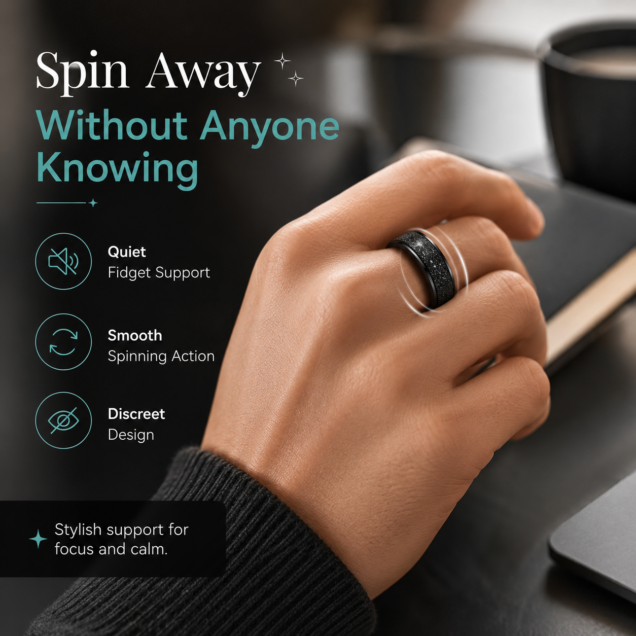 Black Glitter Spinner Ring