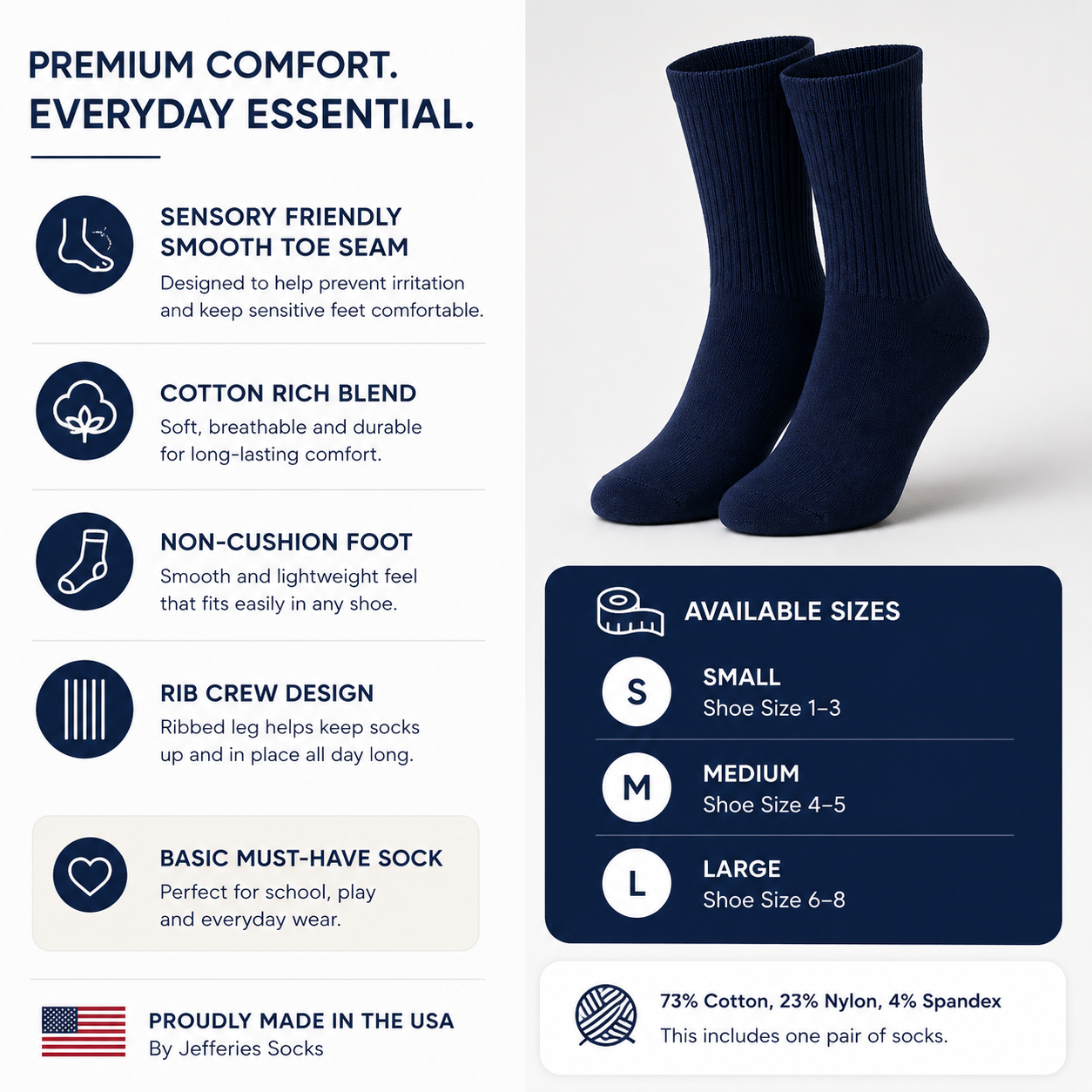 Jefferies Socks Smooth Toe Casual Crew Socks - Navy