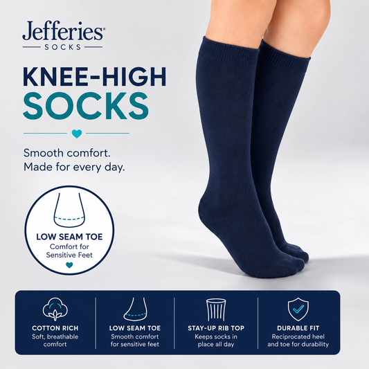 Jefferies Socks Smooth Toe Cotton Knee High Socks - Navy