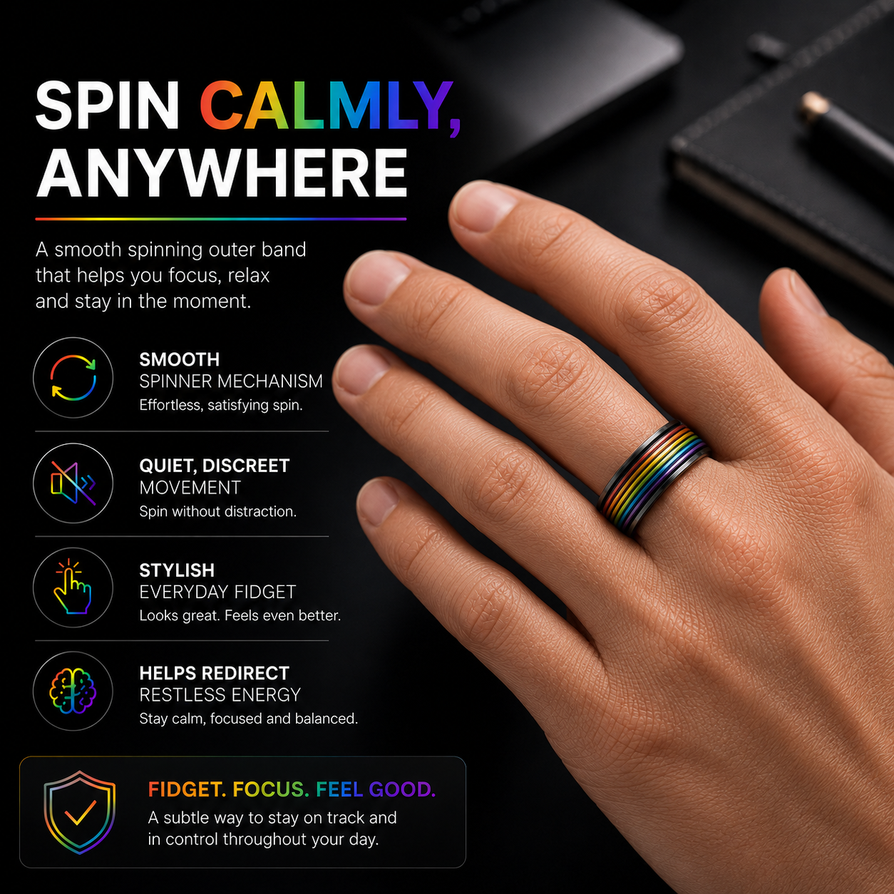 Rainbow Spinner Ring (Black)