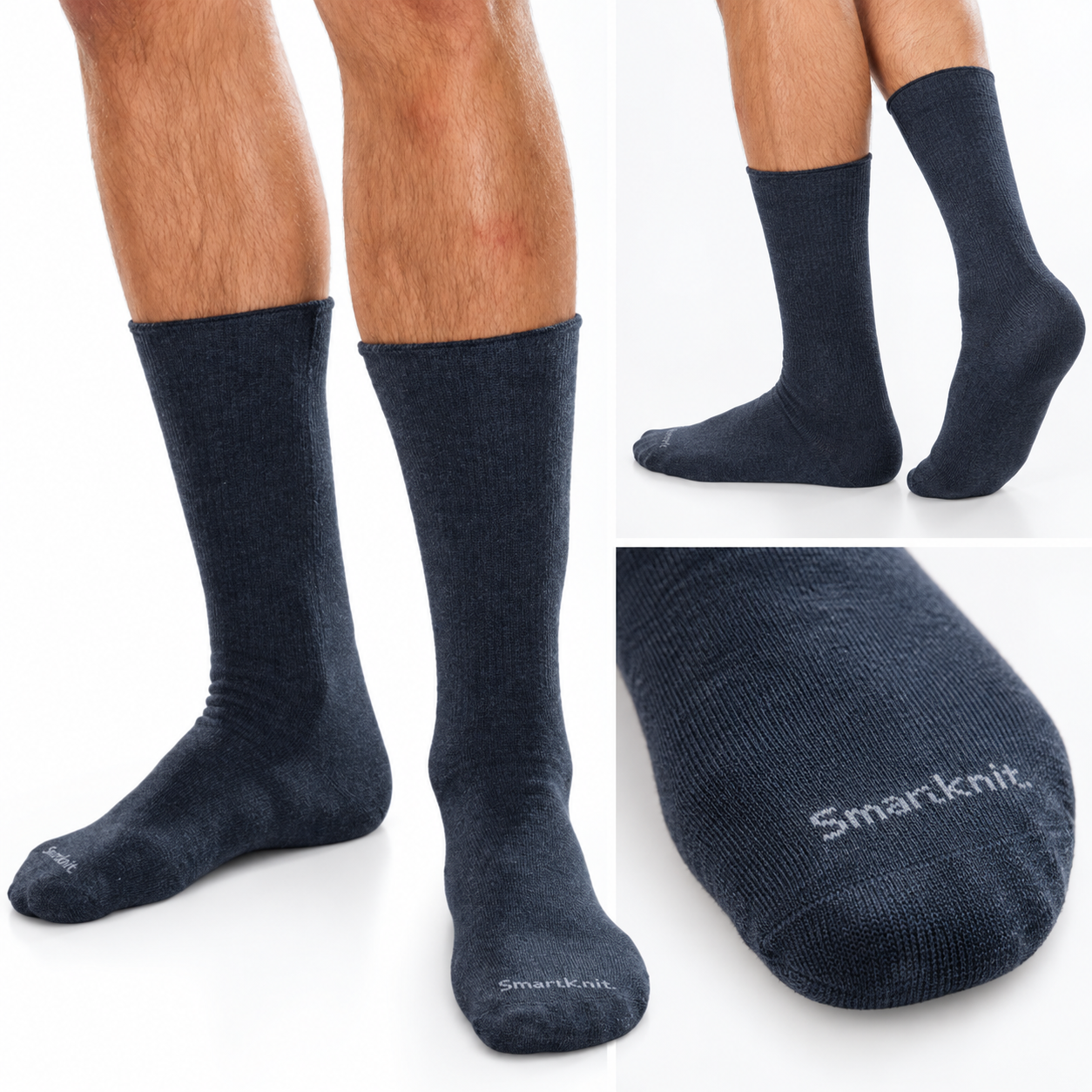 SmartKnit Seamless Navy Diabetic Crew Socks (Large)